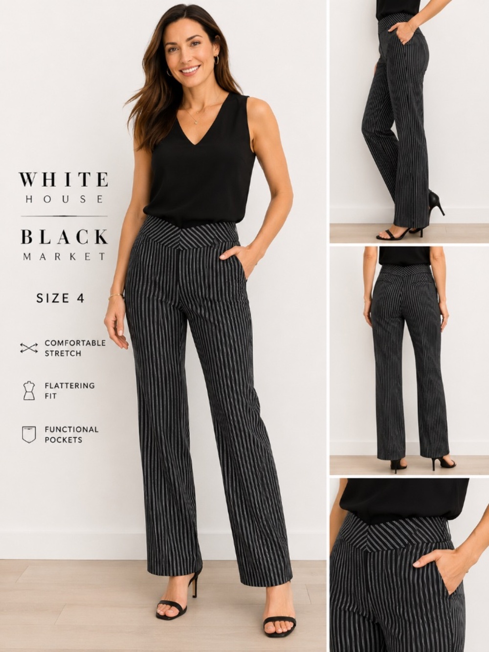 WHBM Black/Dark Navy & White Pinstripe Stretch Slacks Size 4